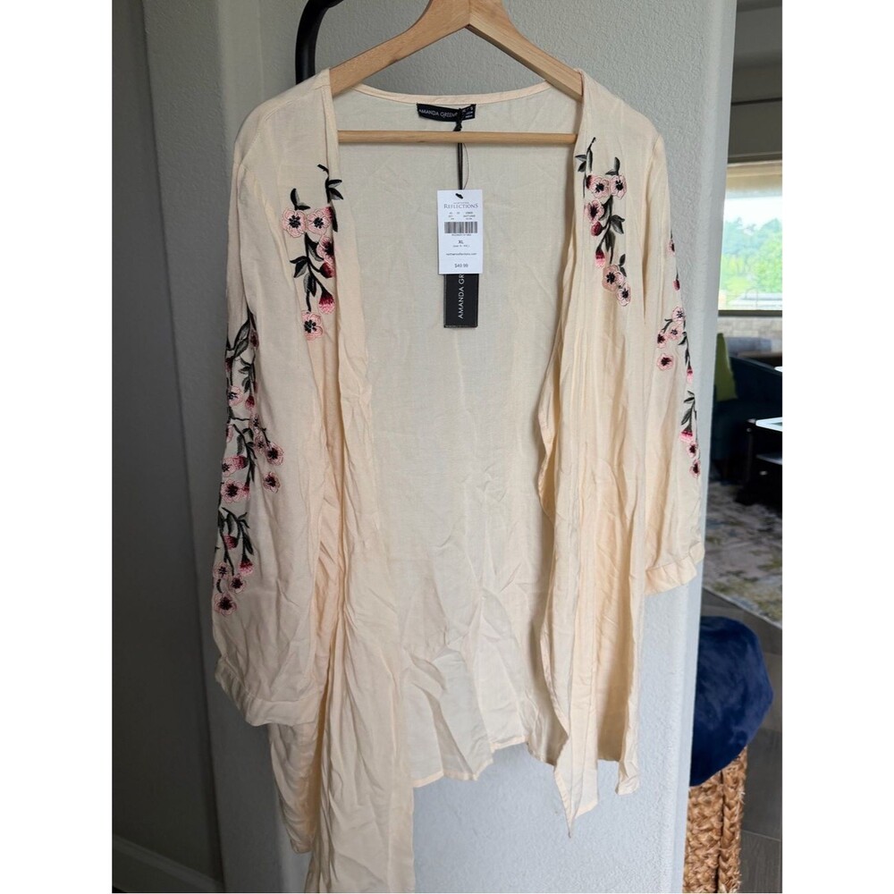 Amanda Green Cream Floral-Embroidered Open Tunic XL